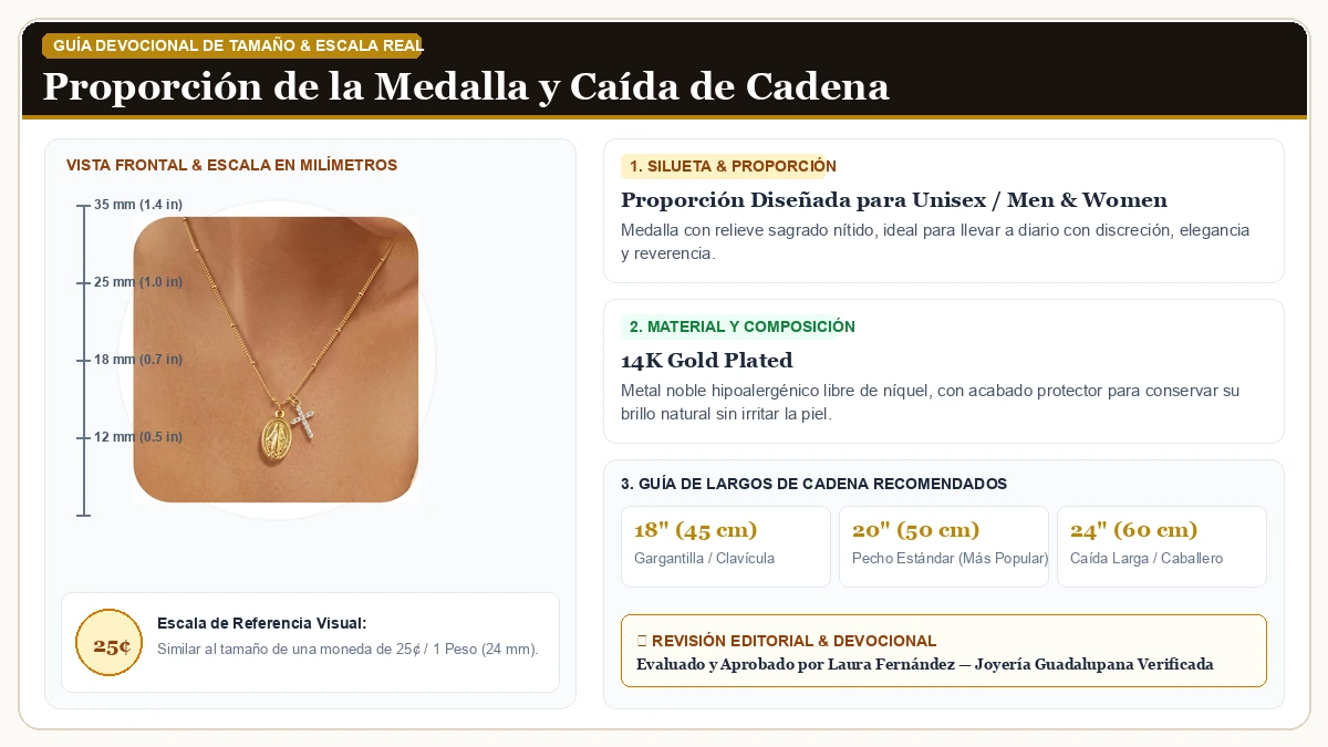 Infografía de escala y medidas en milímetros: Oro Cross Collar para Dama en Chapa de Oro de 14K de Alta Calidad con guía de tamaño y largo de cadena