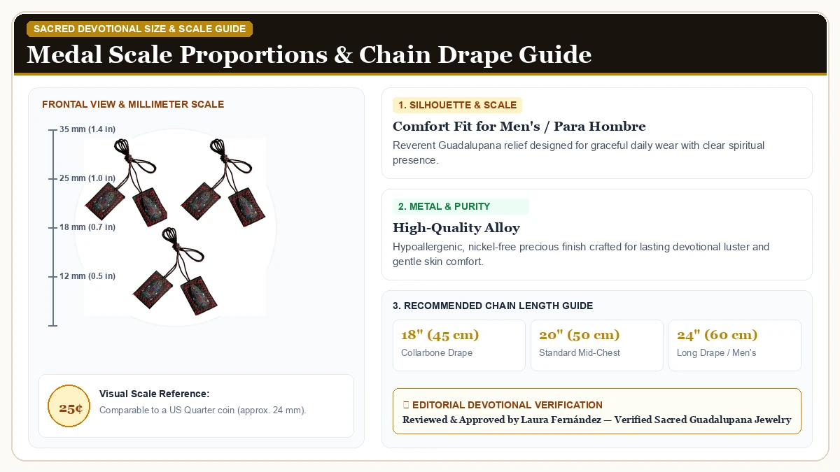 Size and millimeter scale measurement infographic: 3 Pack Green Catholic Scapulars of Saint Jude, Our Lady of Guadal in Hypoallergenic Metal Alloy with chain drape guide
