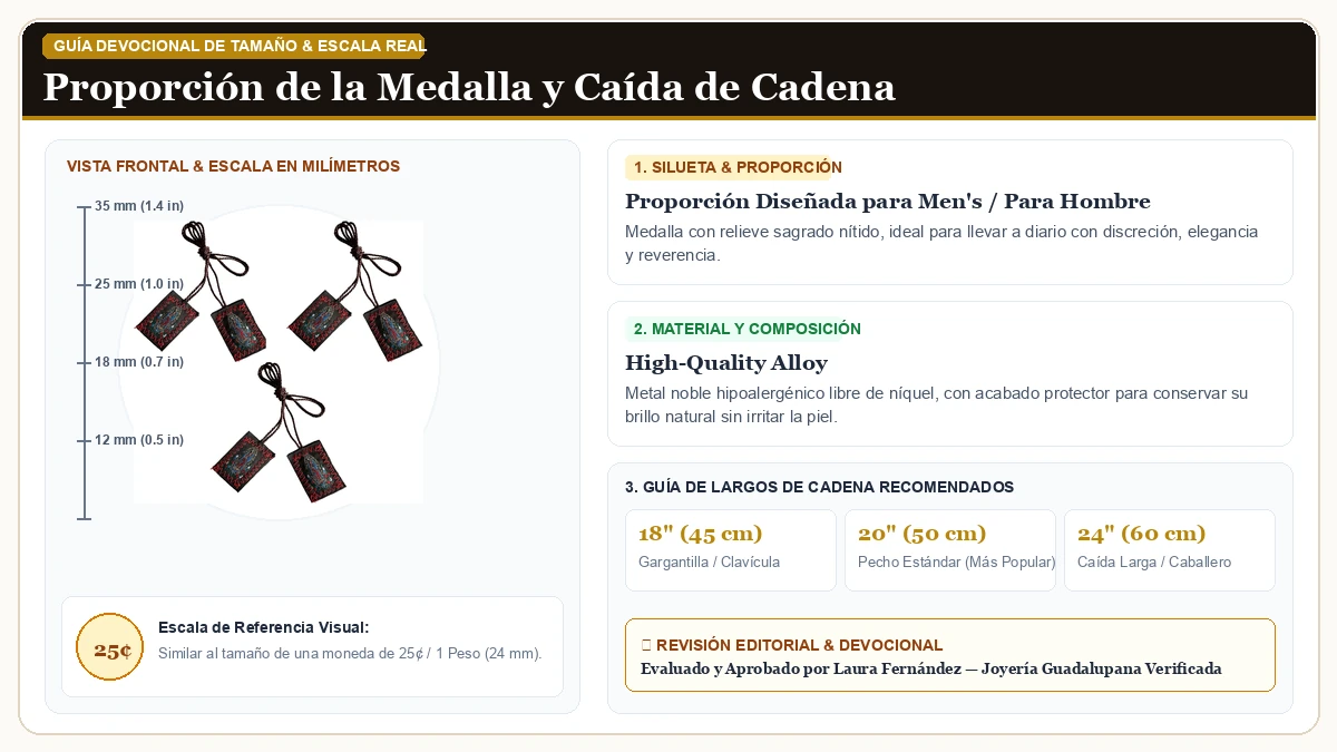 Infografía de escala y medidas en milímetros: 3 Pack Green Católico Scapulars of San Judas Tadeo, Virgen De Gua en Aleación Metálica Resistente Libre de Níquel con guía de tamaño y largo de cadena