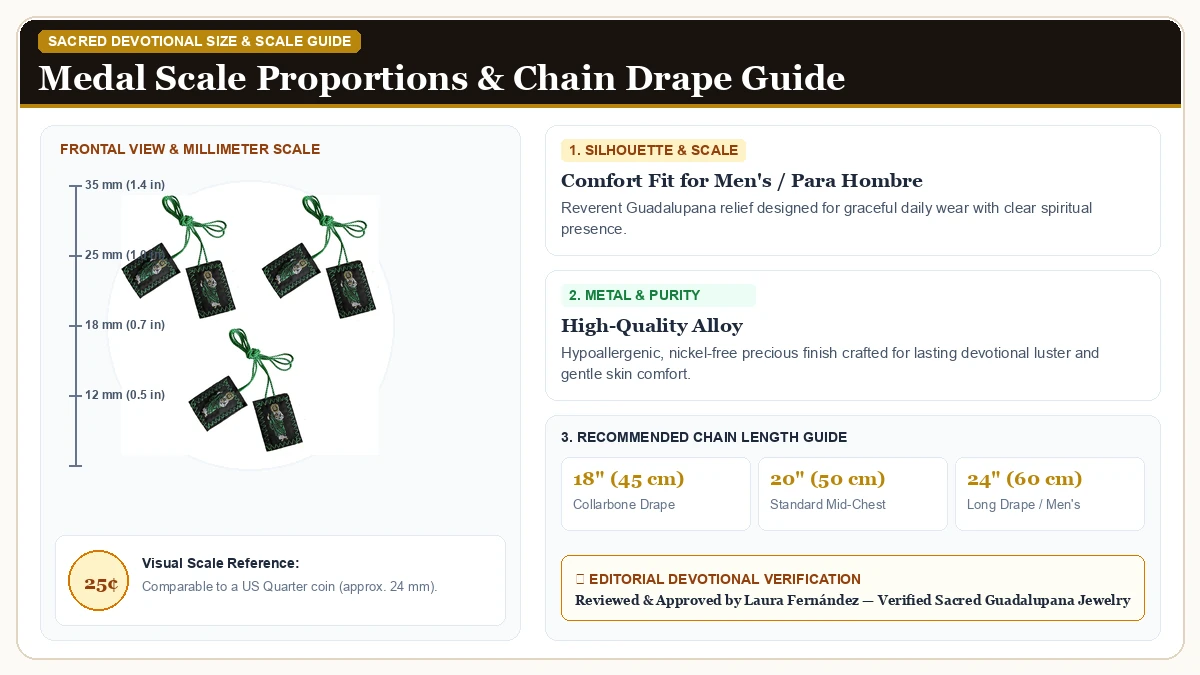 Size and millimeter scale measurement infographic: 3 Pack Green Catholic Scapulars of Saint Jude, Our Lady of Guadal in Hypoallergenic Metal Alloy with chain drape guide