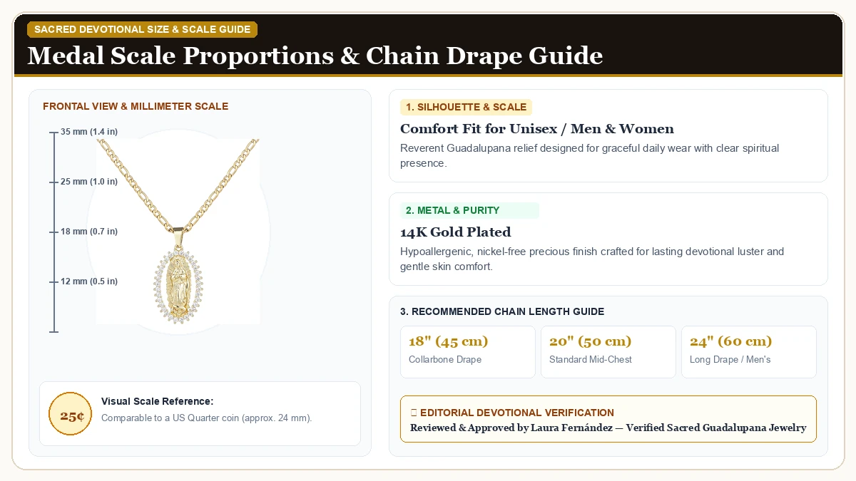 Size and millimeter scale measurement infographic: Virgin Mary Necklace for Women 14K Gold Plated Our Lady of Guadal in 14K Gold Plated Brass with chain drape guide