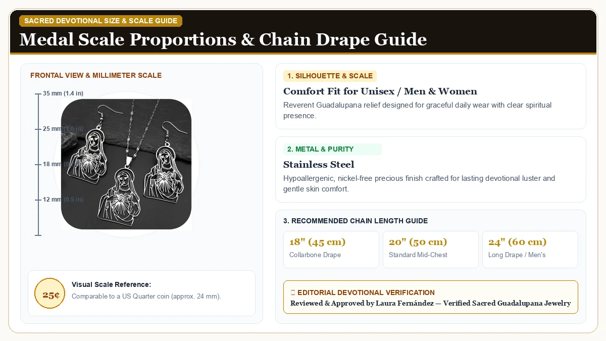 Size and millimeter scale measurement infographic: Virgin Mary Necklace and Earring Set for Women Men Dainty Gold Ea in 316L Stainless Steel with chain drape guide