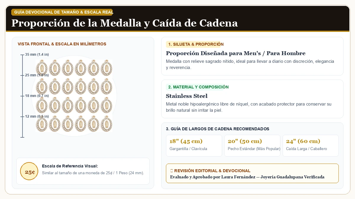 Infografía de escala y medidas en milímetros: 60pcs Virgen María Charms Miraculous Medalla Enamel Alloy Rhinest en Acero Quirúrgico Inoxidable 316L con guía de tamaño y largo de cadena