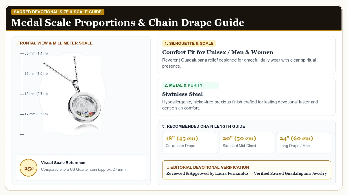Size and millimeter scale measurement infographic: Stainless Steel Rhinestone Our Lady of Guadalupe Virgin Mary Roun in 316L Stainless Steel with chain drape guide