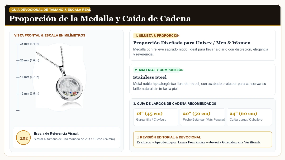 Infografía de escala y medidas en milímetros: Stainless Steel Rhinestone Virgen de Guadalupe Virgen María Round en Acero Quirúrgico Inoxidable 316L con guía de tamaño y largo de cadena