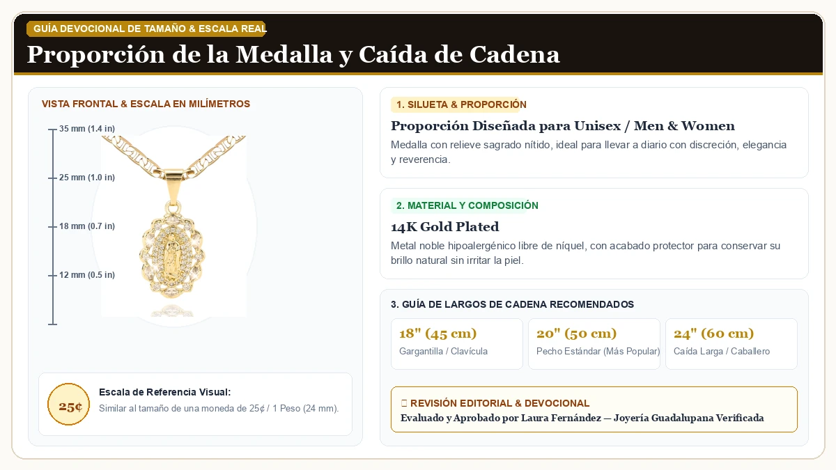 Infografía de escala y medidas en milímetros: J&H DiaJuvelo Católico Virgen María Collar para Dama 14K Oro Plat en Chapa de Oro de 14K de Alta Calidad con guía de tamaño y largo de cadena