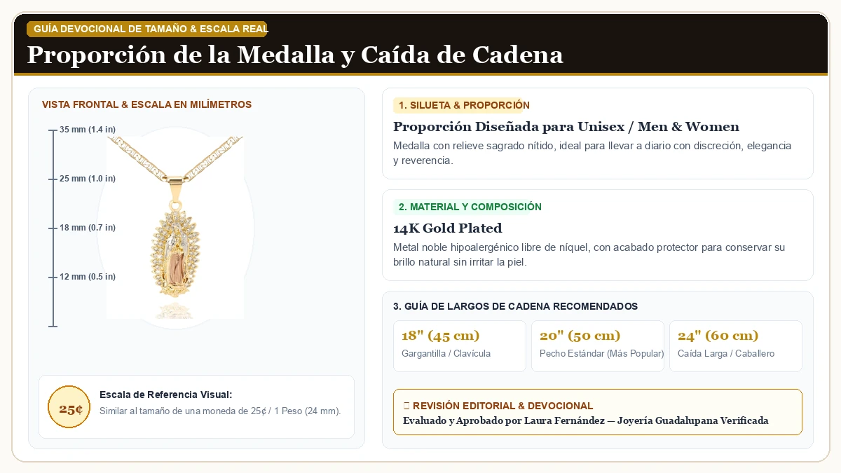 Infografía de escala y medidas en milímetros: J&H DiaJuvelo Católico Virgen María Collar para Dama 14K Oro Plat en Chapa de Oro de 14K de Alta Calidad con guía de tamaño y largo de cadena