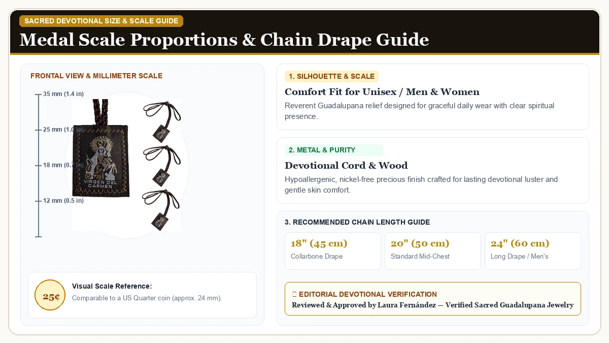 Size and millimeter scale measurement infographic: 3 Pack Brown Scapular De La Virgen Del Carmen, Green Saint Jude E in Devotional Cord & Wood with chain drape guide