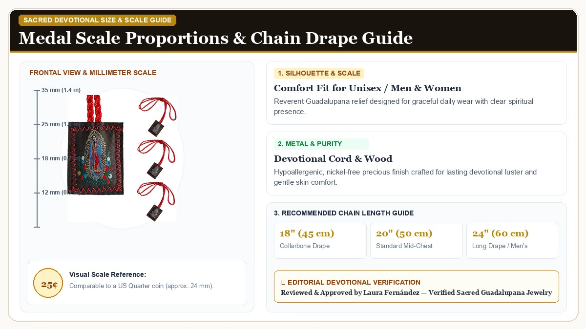 Size and millimeter scale measurement infographic: 3 Pack Brown Scapular De La Virgen Del Carmen, Green Saint Jude E in Devotional Cord & Wood with chain drape guide
