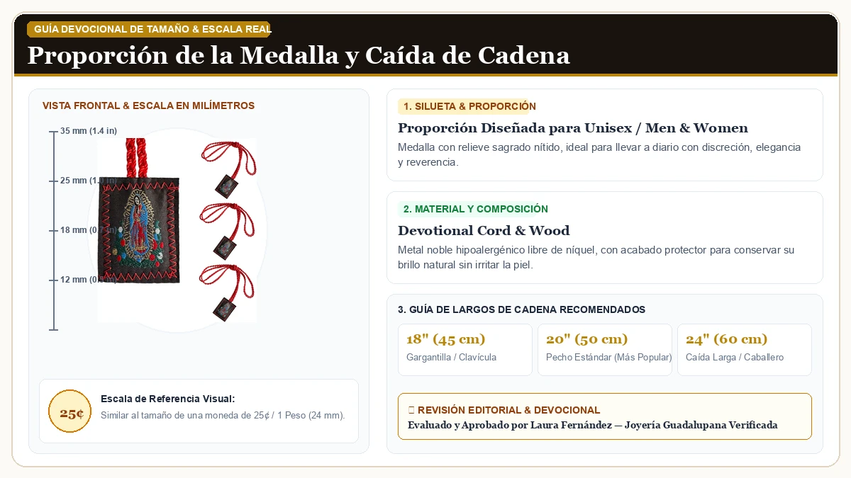 Infografía de escala y medidas en milímetros: 3 Pack Brown Escapulario De La Virgen Del Carmen, Green San Judas en Cordón Devocional y Madera Sagrada con guía de tamaño y largo de cadena