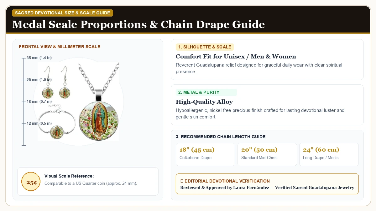 Size and millimeter scale measurement infographic: WCRAZYE Virgin Mary Earrings Necklace Bracelet Set for Men Women  in Hypoallergenic Metal Alloy with chain drape guide