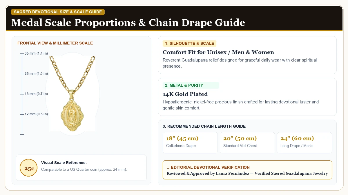 Size and millimeter scale measurement infographic: Virgin Mary Necklace for Women 14K Gold Plated Our Lady of Guadal in 14K Gold Plated Brass with chain drape guide
