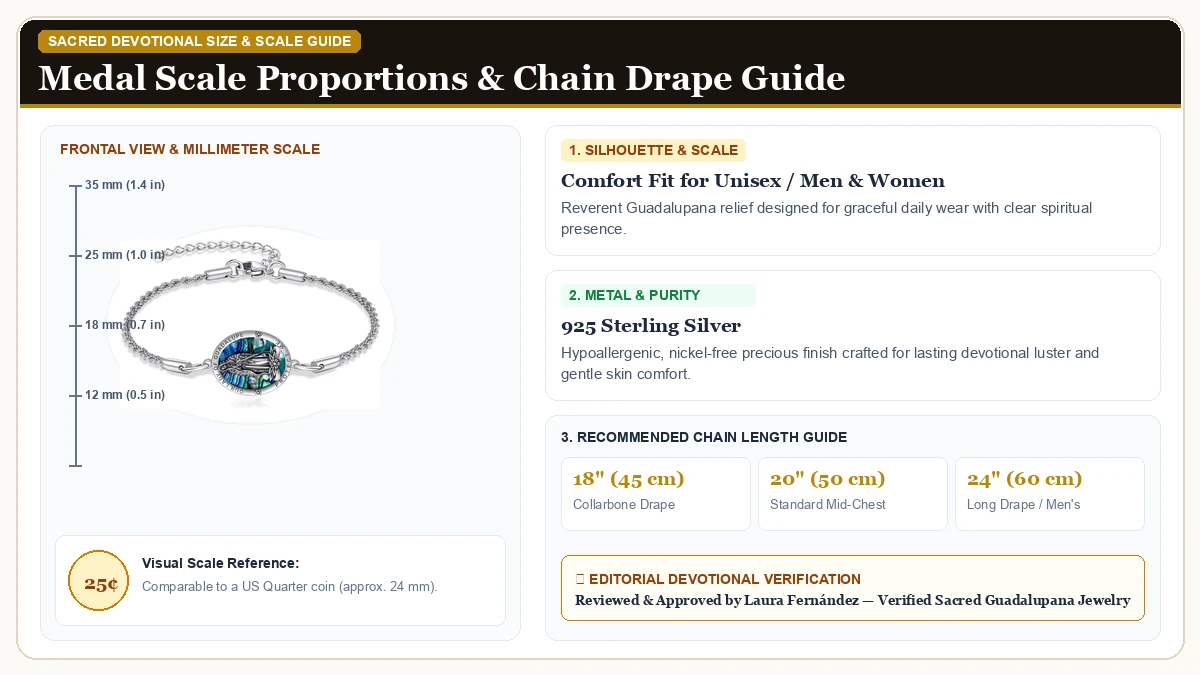 Size and millimeter scale measurement infographic: URONE Virgin Mary Bracelet Sterling Silver Our Lady of Guadalupe  in 925 Sterling Silver with chain drape guide