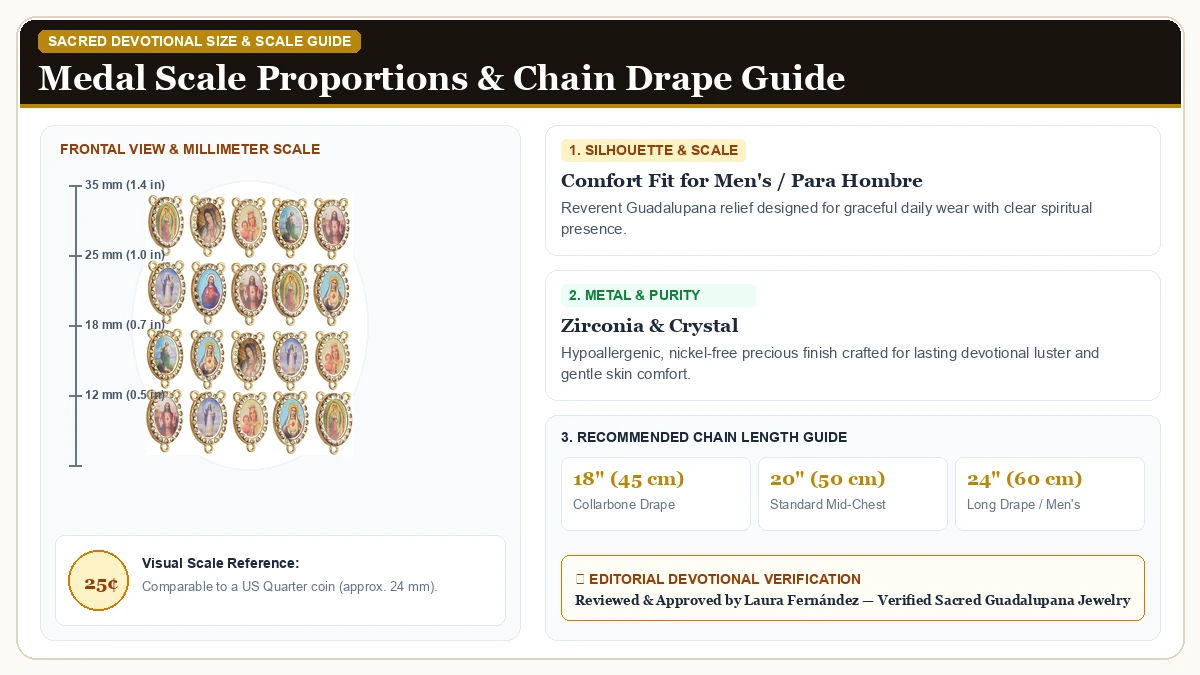 Size and millimeter scale measurement infographic: COTTVOTT Our Lady of Guadalupe Maria Medal for DIY Jewelry Neckla in Cubic Zirconia & Crystals with chain drape guide
