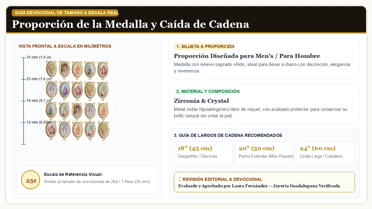 Infografía de escala y medidas en milímetros: COTTVOTT Virgen de Guadalupe Maria Medalla for DIY Joyería Collar en Circonias Cúbicas Brillantes con guía de tamaño y largo de cadena