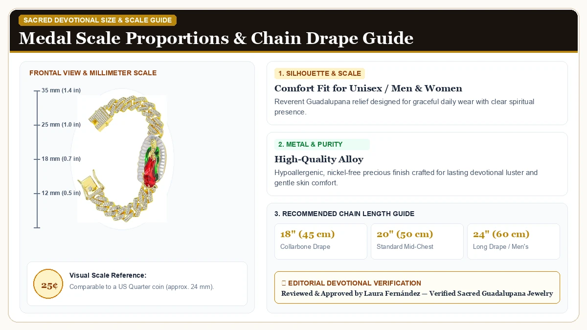 Size and millimeter scale measurement infographic: Sparkling Our Lady of Guadalupe Bracelet for Women,Virgin Mary Cu in Hypoallergenic Metal Alloy with chain drape guide