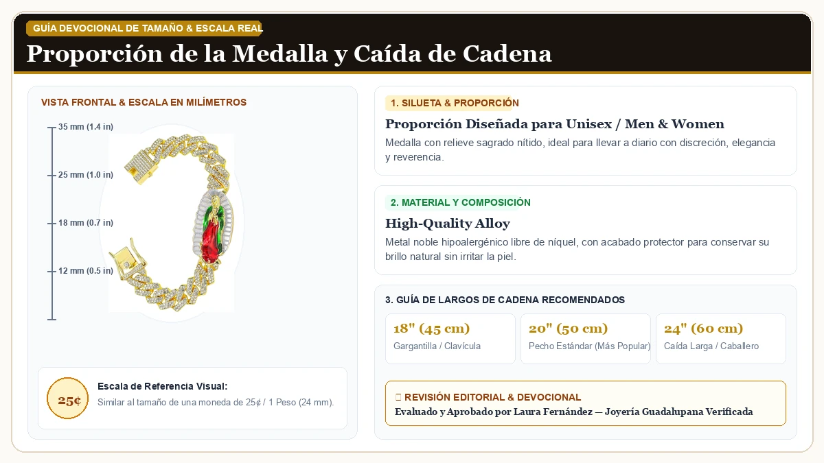 Infografía de escala y medidas en milímetros: Sparkling Virgen de Guadalupe Brazalete para Dama,Virgen María Cu en Aleación Metálica Resistente Libre de Níquel con guía de tamaño y largo de cadena