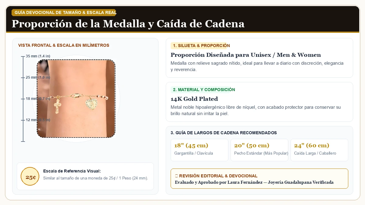 Infografía de escala y medidas en milímetros: J&H DiaJuvelo Católico Rosary Brazalete para Dama 14K Oro Virgen  en Chapa de Oro de 14K de Alta Calidad con guía de tamaño y largo de cadena