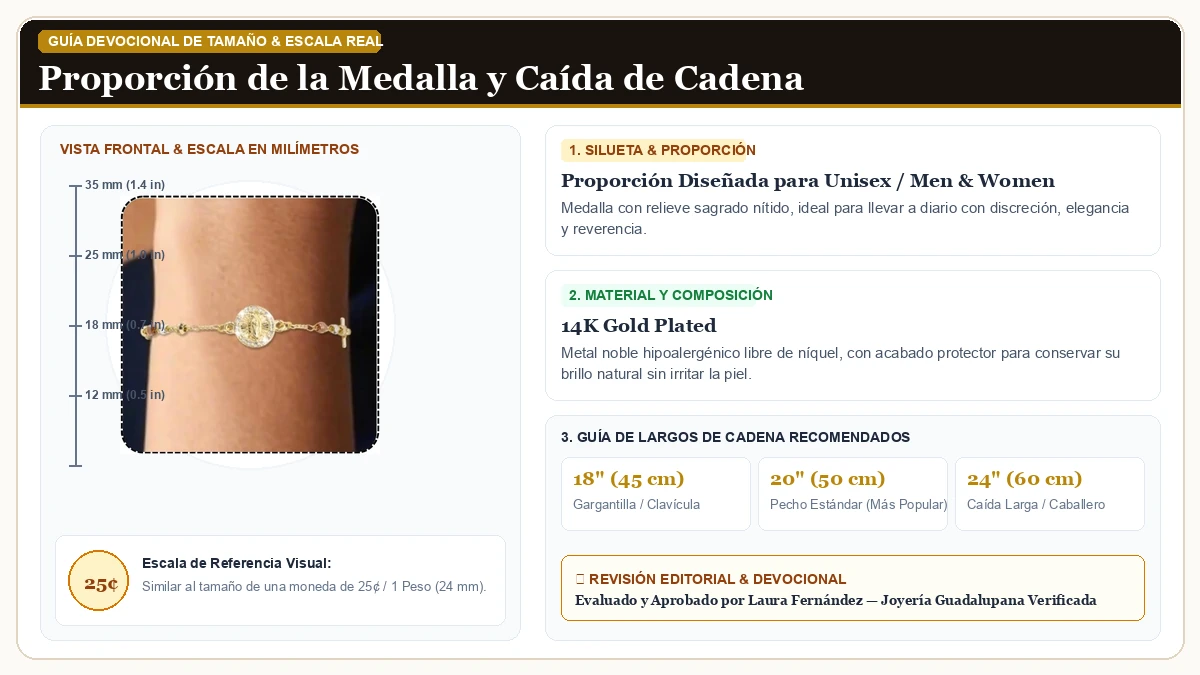 Infografía de escala y medidas en milímetros: J&H DiaJuvelo Católico Rosary Brazalete para Dama 14K Oro Virgen  en Chapa de Oro de 14K de Alta Calidad con guía de tamaño y largo de cadena