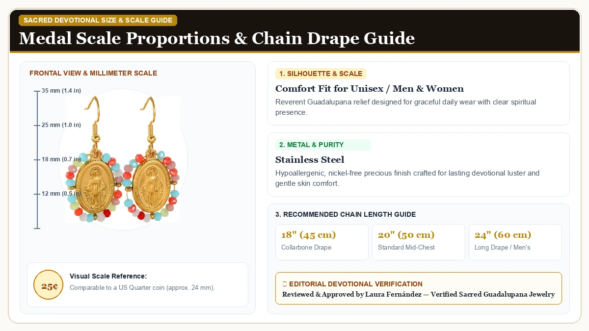 Size and millimeter scale measurement infographic: Gold Virgin Mary Dangle Earrings for Women Stainless Steel Guadal in 316L Stainless Steel with chain drape guide