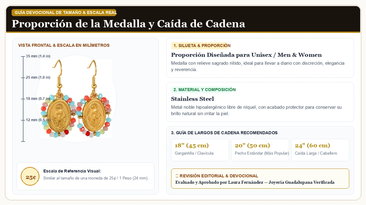 Infografía de escala y medidas en milímetros: Oro Virgen María Dangle Aretes para Dama Stainless Steel Guadalup en Acero Quirúrgico Inoxidable 316L con guía de tamaño y largo de cadena
