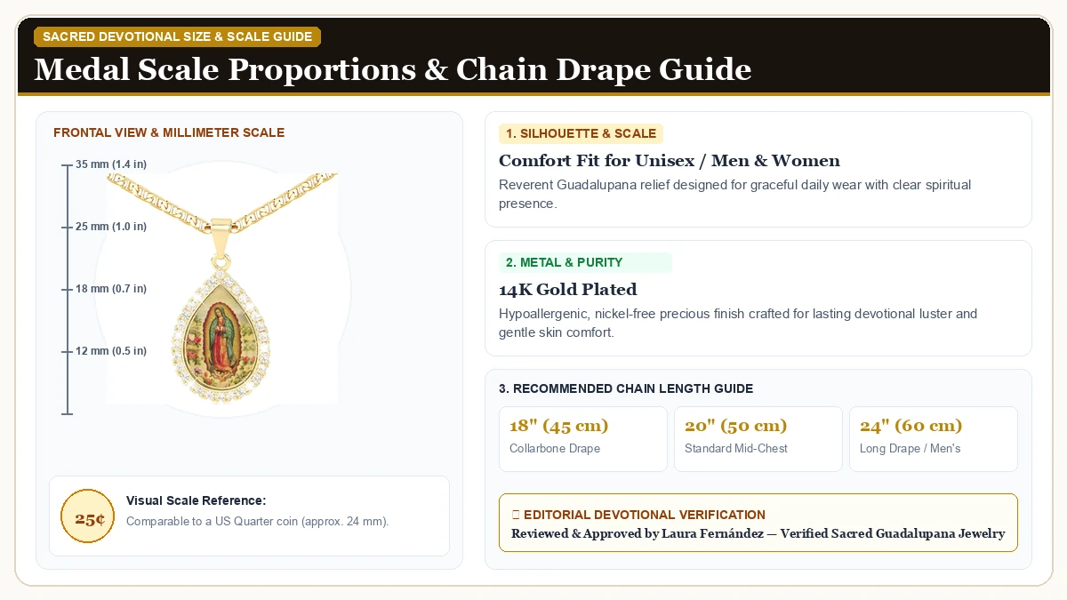 Size and millimeter scale measurement infographic: J&H DiaJuvelo Virgin Mary Necklace for Women 14K Gold Plated Cade in 14K Gold Plated Brass with chain drape guide