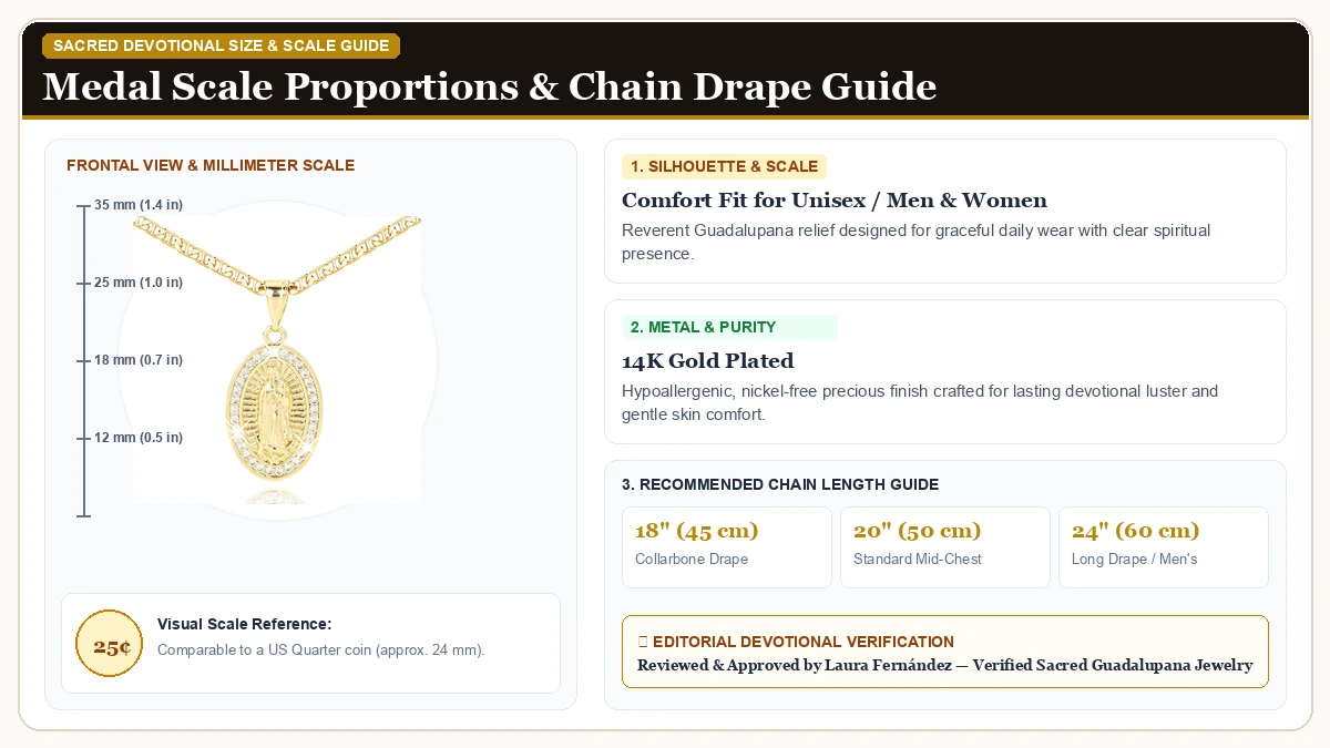 Size and millimeter scale measurement infographic: J&H DiaJuvelo Virgin Mary Necklace for Women, 14K Gold Plated Rel in 14K Gold Plated Brass with chain drape guide