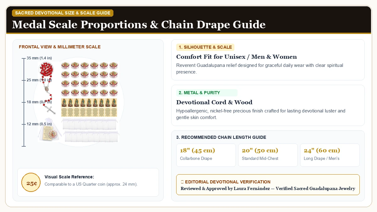 Size and millimeter scale measurement infographic: Red Rosary Beads Necklace Our Lady of Guadalupe Our Lady of Guada in Devotional Cord & Wood with chain drape guide