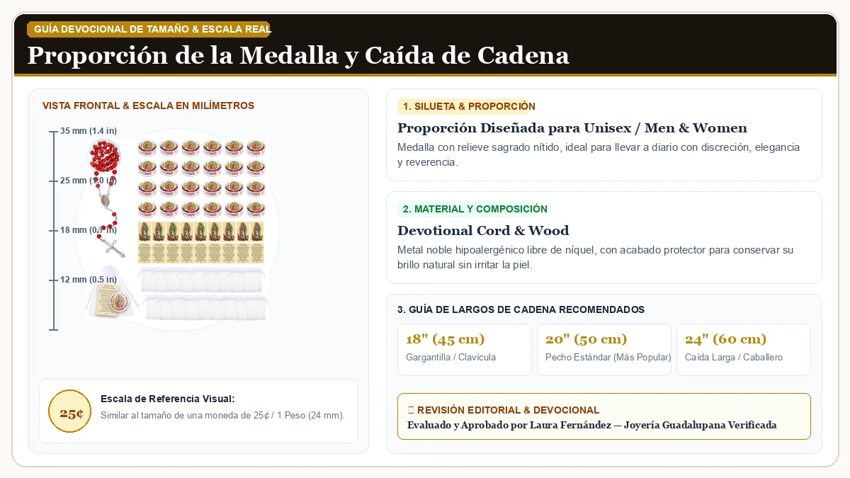Infografía de escala y medidas en milímetros: Red Rosary Beads Collar Virgen de Guadalupe Virgen De Guadalupe S en Cordón Devocional y Madera Sagrada con guía de tamaño y largo de cadena