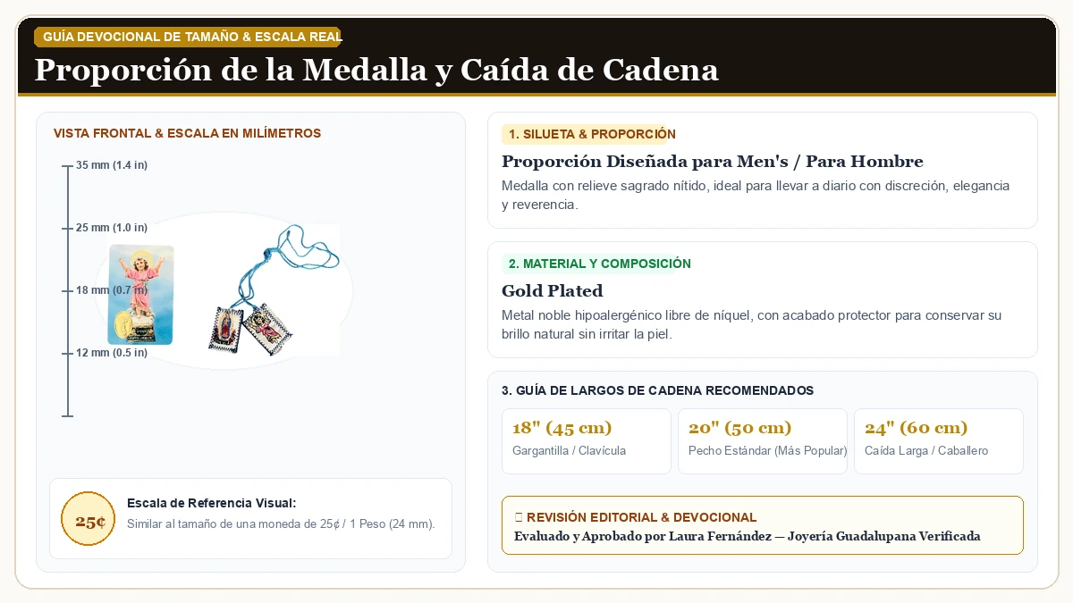Infografía de escala y medidas en milímetros: Set del Nino Divino: Escapulario de Hilo Azul con Doble Imagen (N en Chapa de Oro Duradera con guía de tamaño y largo de cadena