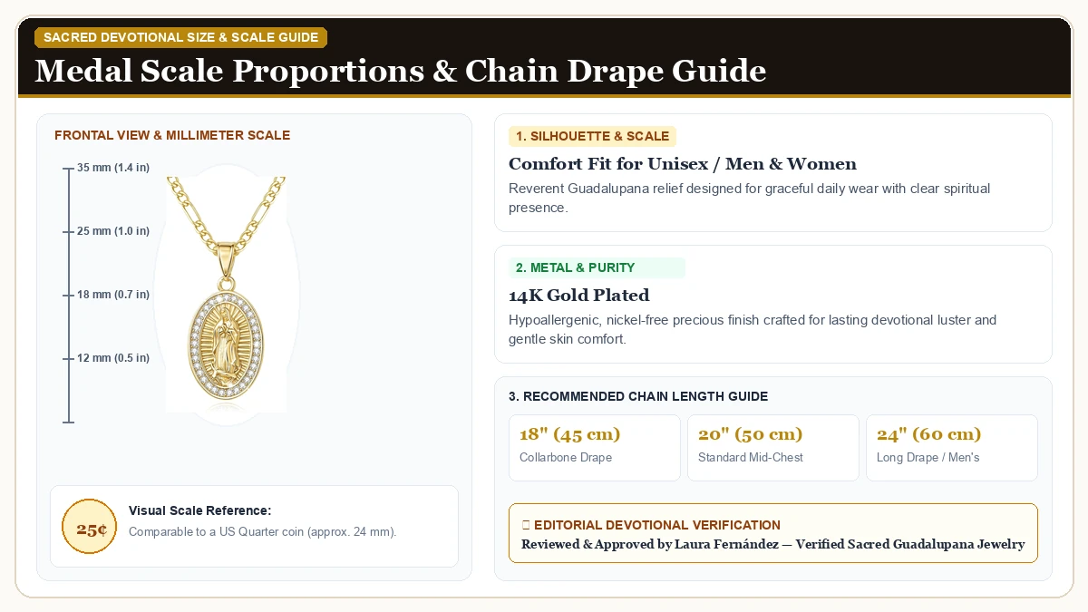 Size and millimeter scale measurement infographic: Catholic Gift Virgin Mary Necklace for Women, 14K gold plated Gua in 14K Gold Plated Brass with chain drape guide