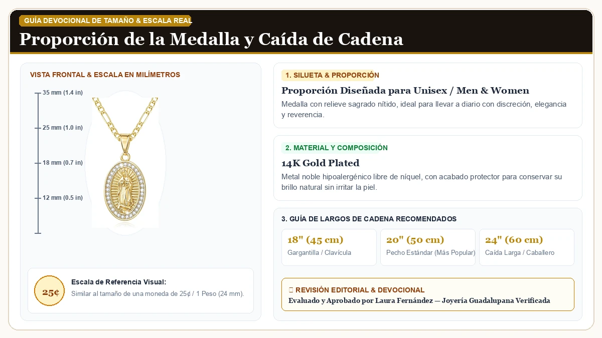 Infografía de escala y medidas en milímetros: Católico Regalo Virgen María Collar para Dama, 14K Oro plated Gua en Chapa de Oro de 14K de Alta Calidad con guía de tamaño y largo de cadena