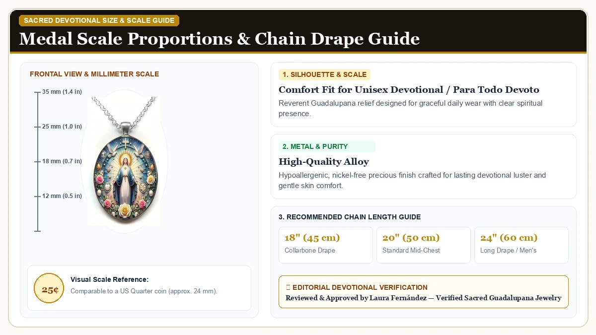 Size and millimeter scale measurement infographic: Virgin Necklace Lady of Guadalupe Pendant with Colorful Floral Me in Hypoallergenic Metal Alloy with chain drape guide