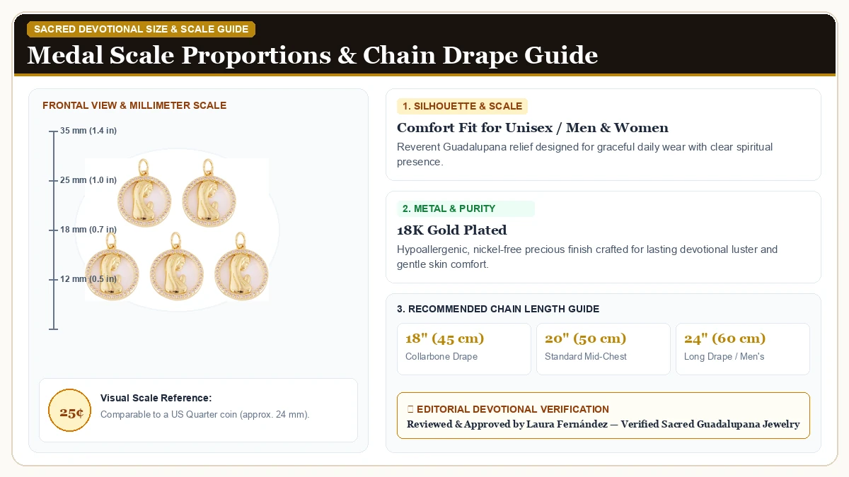 Size and millimeter scale measurement infographic: Elecrelive 5Pcs Virgin Mary Charms Rosary Making Supplies Golden  in 18K Gold Plated with chain drape guide