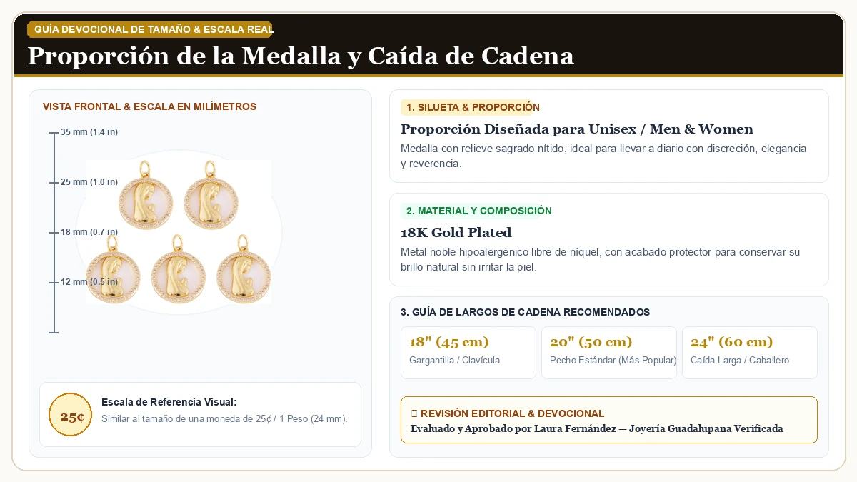 Infografía de escala y medidas en milímetros: Elecrelive 5Pcs Virgen María Charms Rosary Making Supplies Golden en Chapa de Oro de 18K Reluciente con guía de tamaño y largo de cadena