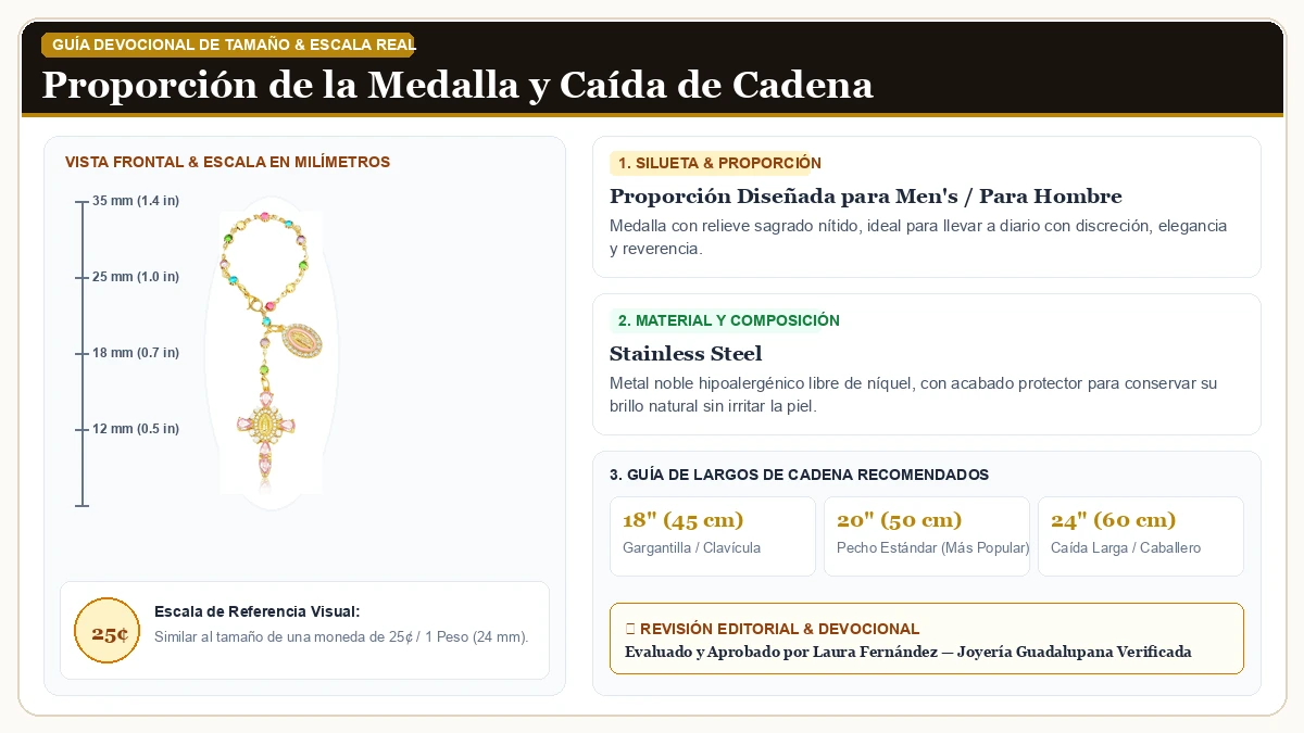 Infografía de escala y medidas en milímetros: Virgen De Guadalupe Car Charm en Acero Quirúrgico Inoxidable 316L con guía de tamaño y largo de cadena