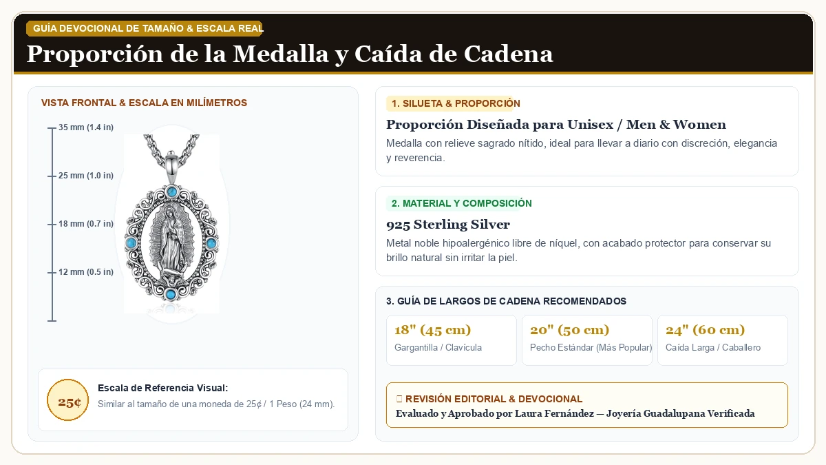 Infografía de escala y medidas en milímetros: Vito 925 de Ley Plata Protección Collar para Dama Men, Patron Sai en Plata de Ley 925 Esterlina con guía de tamaño y largo de cadena
