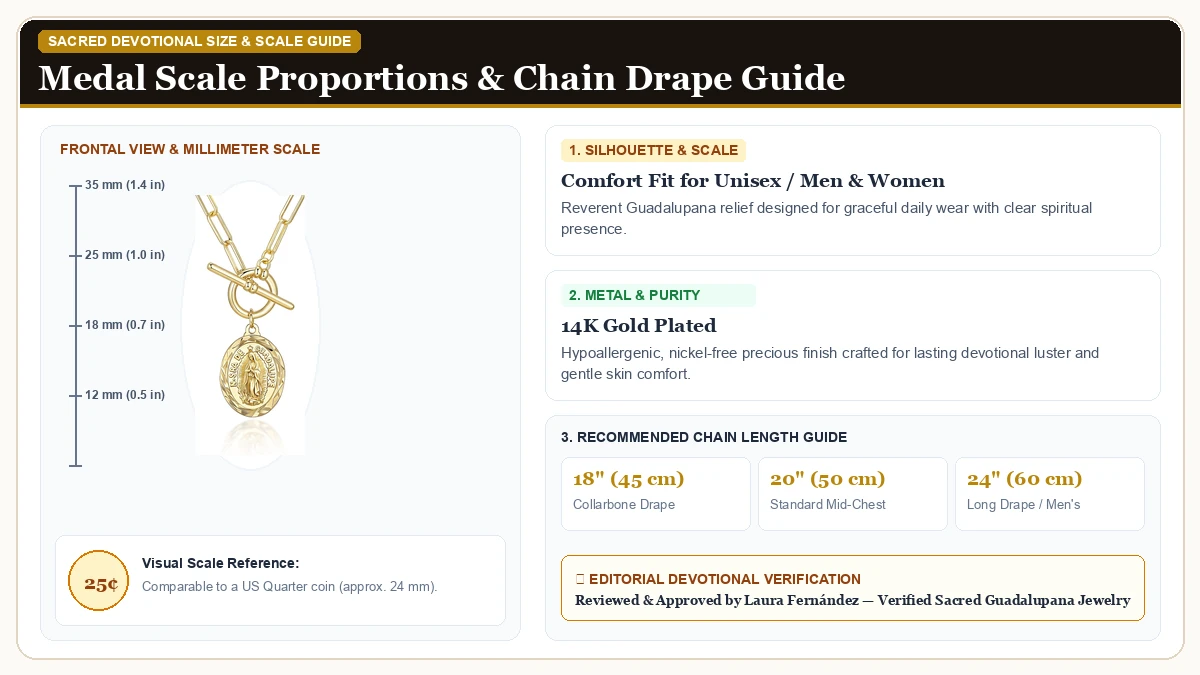 Size and millimeter scale measurement infographic: Women's Gold Virgin Mary Necklace in 14K Gold Plated Brass with chain drape guide