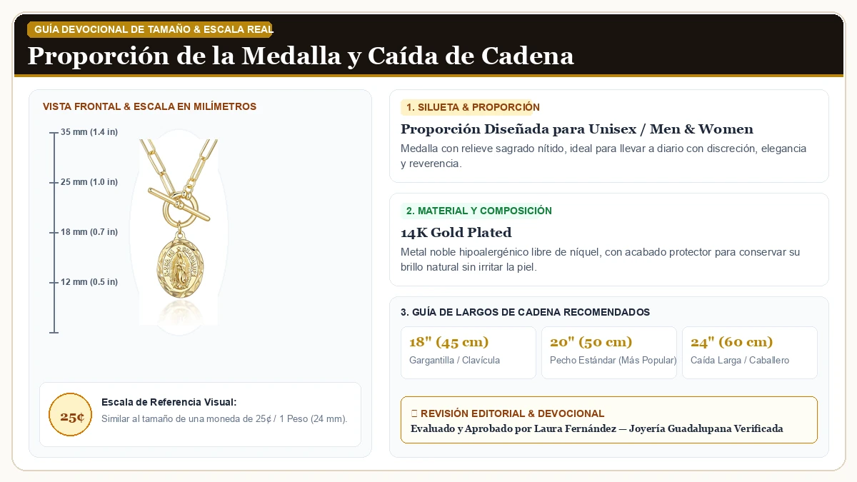 Infografía de escala y medidas en milímetros: Women's Oro Virgen María Collar en Chapa de Oro de 14K de Alta Calidad con guía de tamaño y largo de cadena
