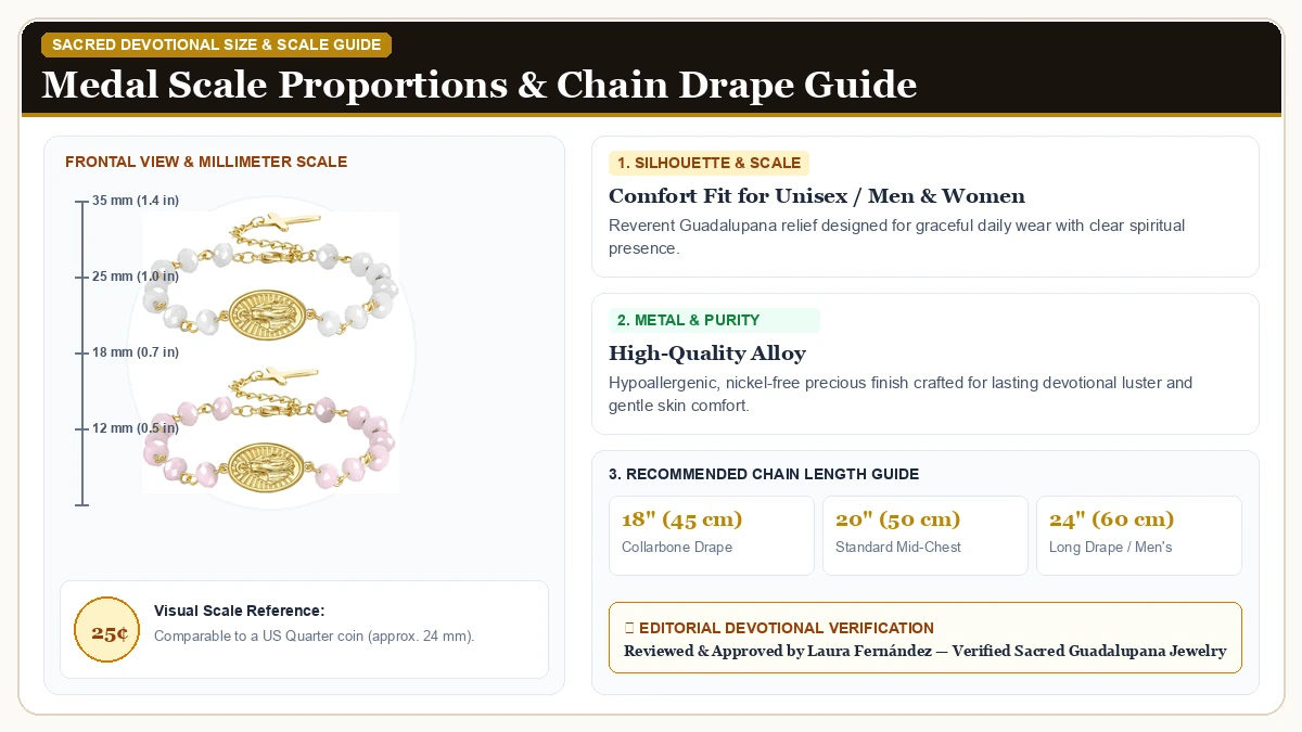 Size and millimeter scale measurement infographic: 2pcs Pink White Rosary Bracelet for Women, Adjustable Virgin Mary in Hypoallergenic Metal Alloy with chain drape guide