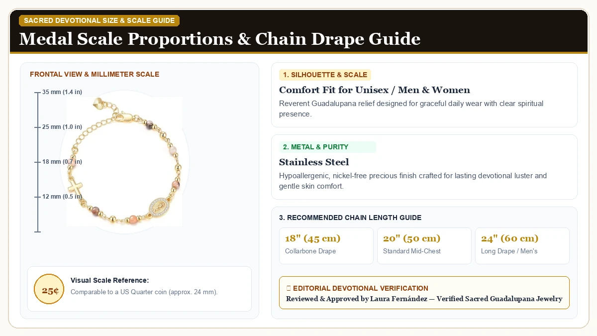 Size and millimeter scale measurement infographic: Gold Rosary Bracelet for Women Virgin Mary Jesus Cross Charm Link in 316L Stainless Steel with chain drape guide
