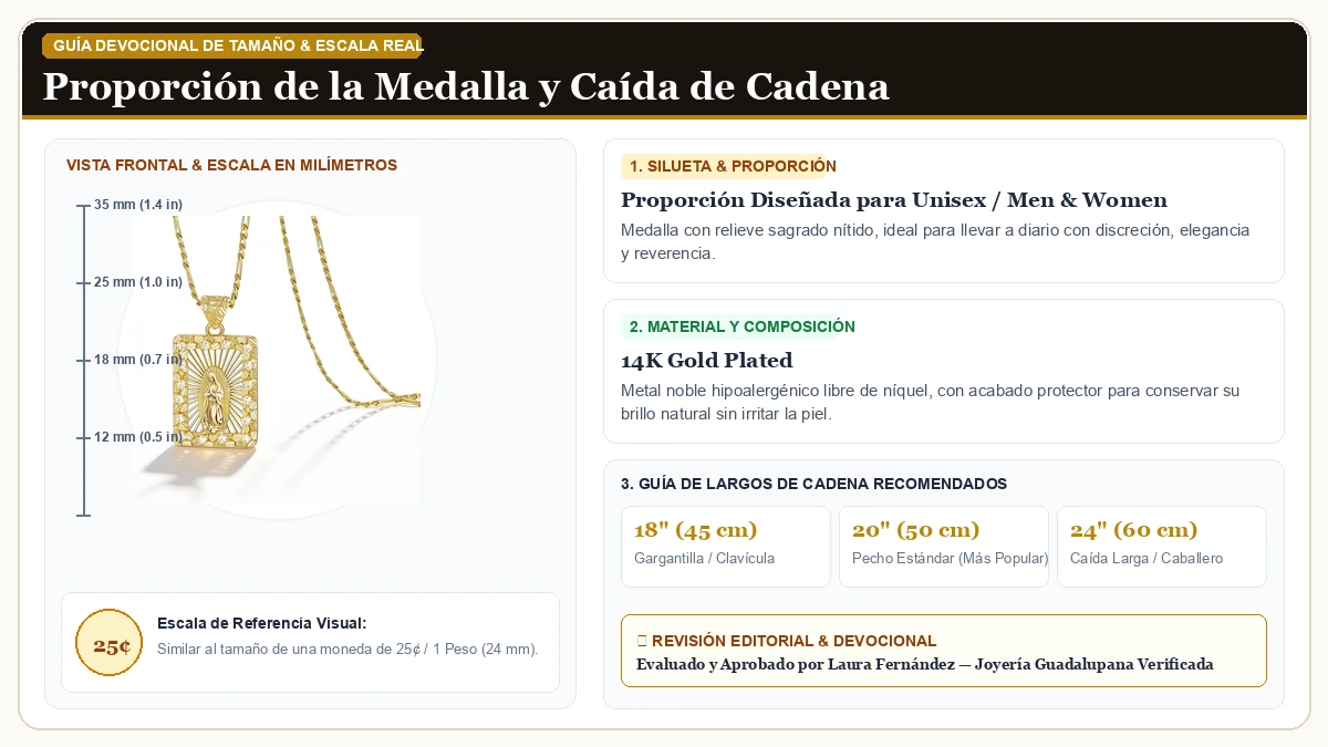 Infografía de escala y medidas en milímetros: Women's Oro Virgen María Collar en Chapa de Oro de 14K de Alta Calidad con guía de tamaño y largo de cadena
