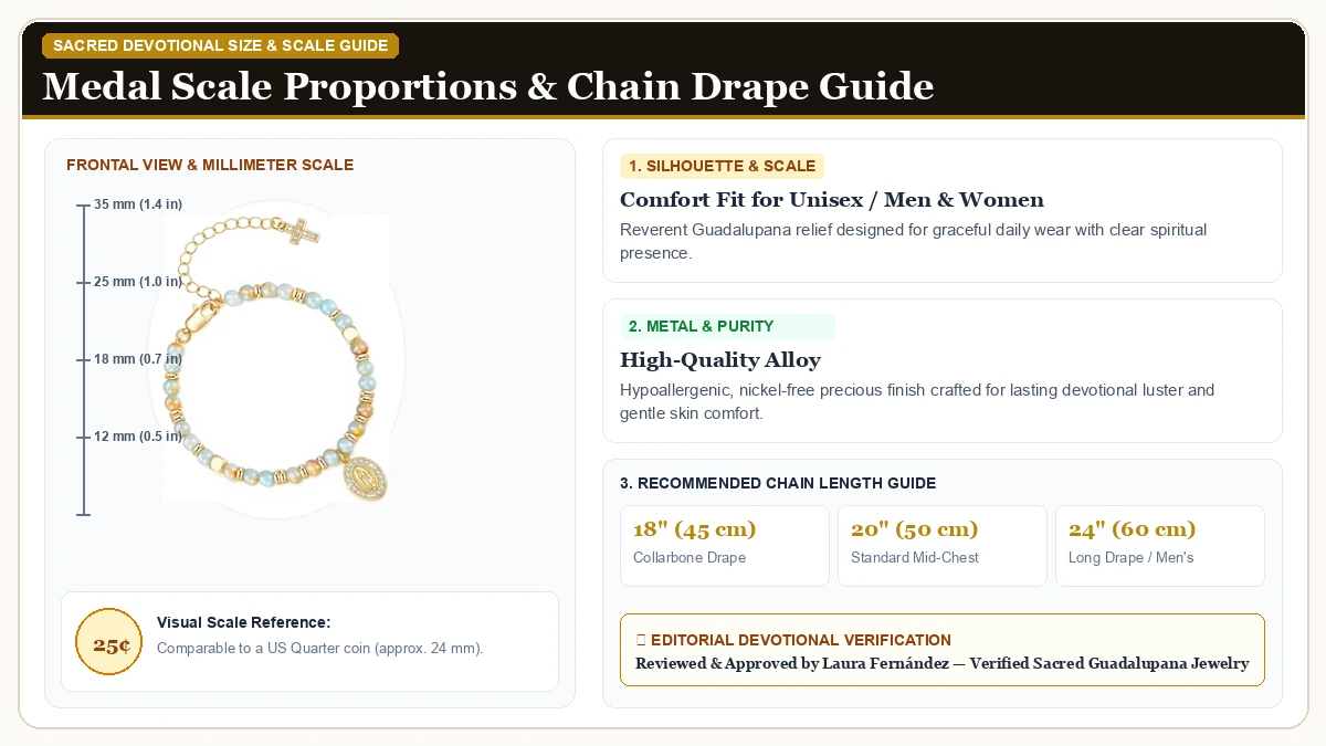 Size and millimeter scale measurement infographic: Gold Virgin Mary Bracelet for Women,Catholic Bracelet with Our La in Hypoallergenic Metal Alloy with chain drape guide