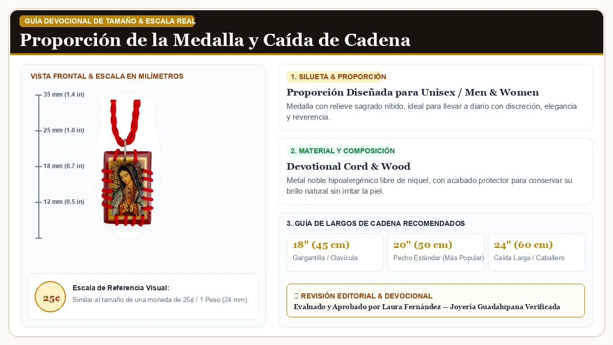 Infografía de escala y medidas en milímetros: Virgen de Guadalupe Virgen María Blessed Mother Red Wood Wooden E en Cordón Devocional y Madera Sagrada con guía de tamaño y largo de cadena