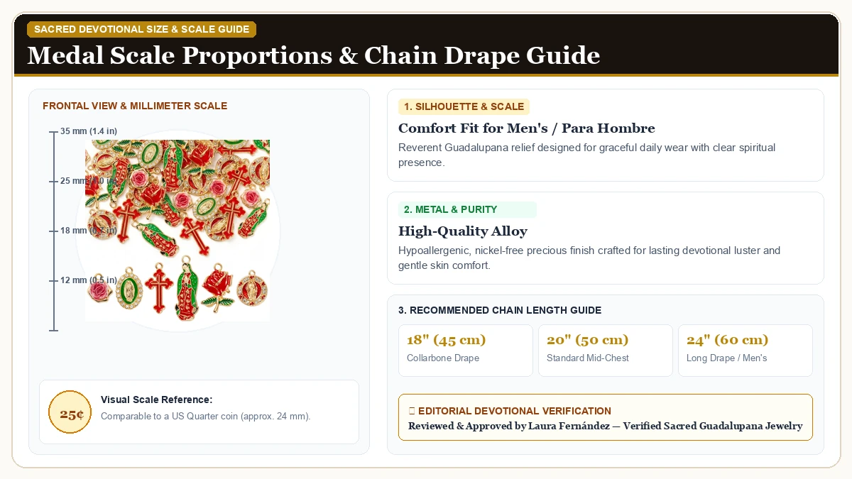Size and millimeter scale measurement infographic: Our Lady of Guadalupe Charms Pendants in Hypoallergenic Metal Alloy with chain drape guide