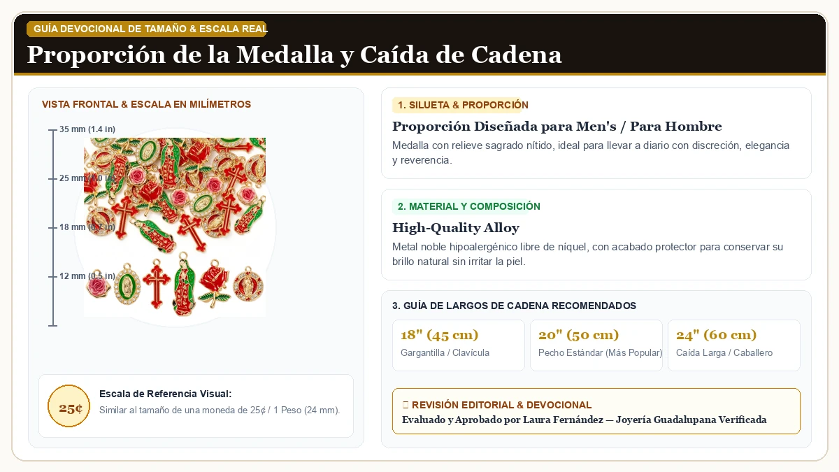 Infografía de escala y medidas en milímetros: Virgen de Guadalupe Charms Pendants en Aleación Metálica Resistente Libre de Níquel con guía de tamaño y largo de cadena