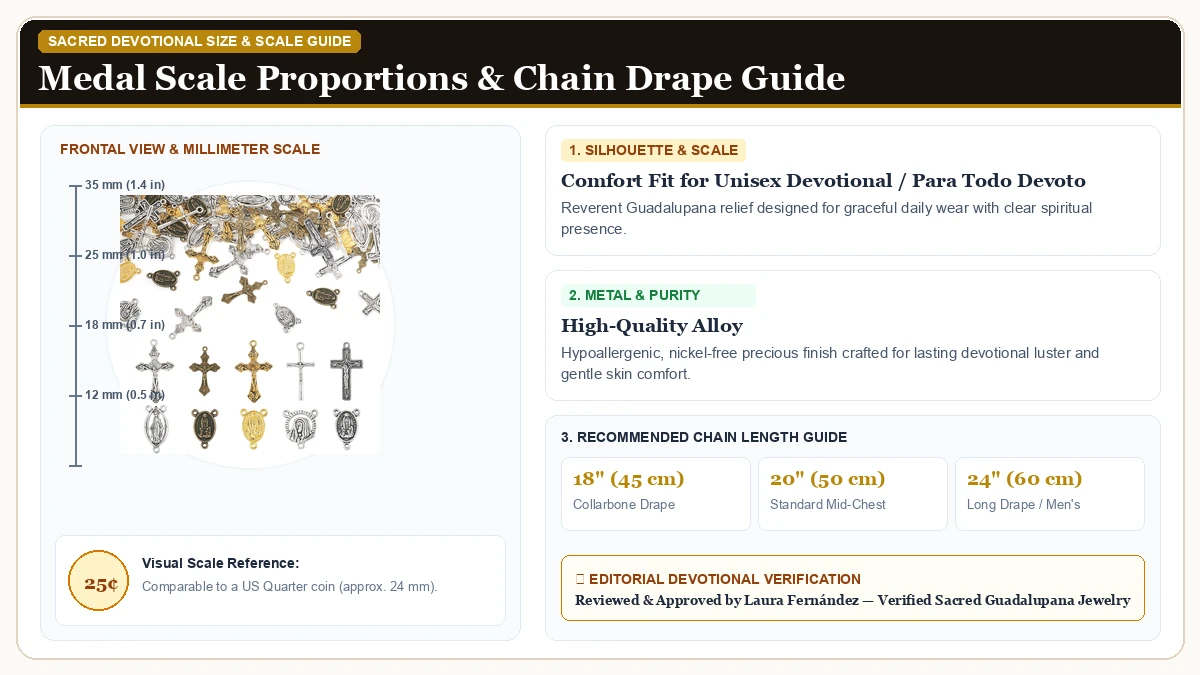 Size and millimeter scale measurement infographic: 70Pcs Virgin Mary Charms for Easter Alloy Religious Cross Pendant in Hypoallergenic Metal Alloy with chain drape guide