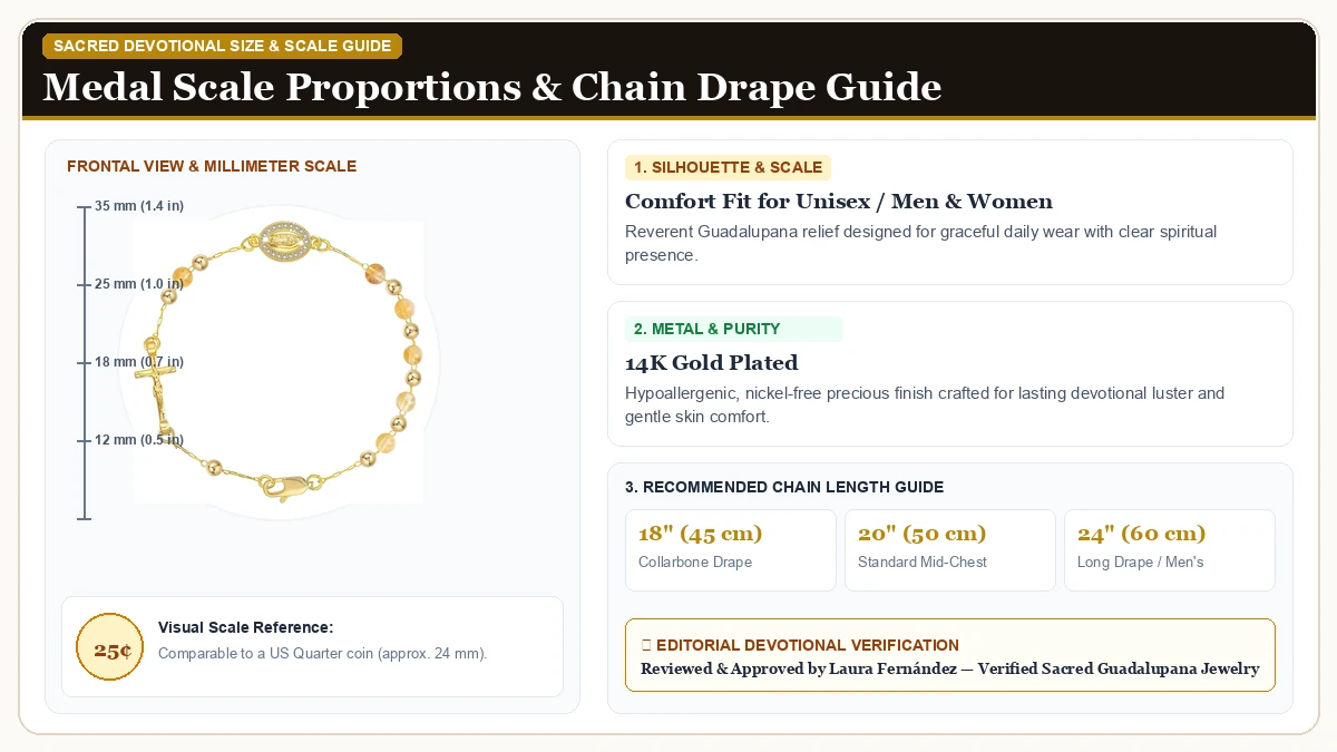 Size and millimeter scale measurement infographic: Catholic Crucifix Gifts Rosary Bracelet for Women in 14K Gold Plated Brass with chain drape guide