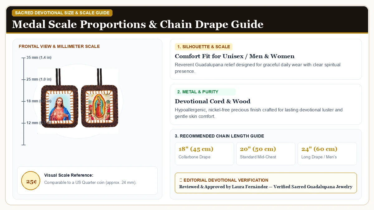 Size and millimeter scale measurement infographic: Scapulars Catholic Our Lady of Guadalupe and Sacred Heart of Jesu in Devotional Cord & Wood with chain drape guide