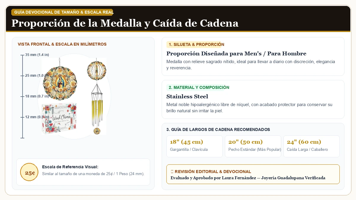Infografía de escala y medidas en milímetros: Wind Chimes con Virgen María Wind Spinner, Religioso Decor Regalo en Acero Quirúrgico Inoxidable 316L con guía de tamaño y largo de cadena